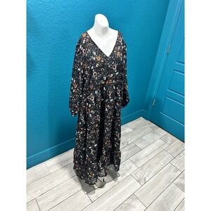 World Market Black Floral‎ Midi Dress S/M Boho